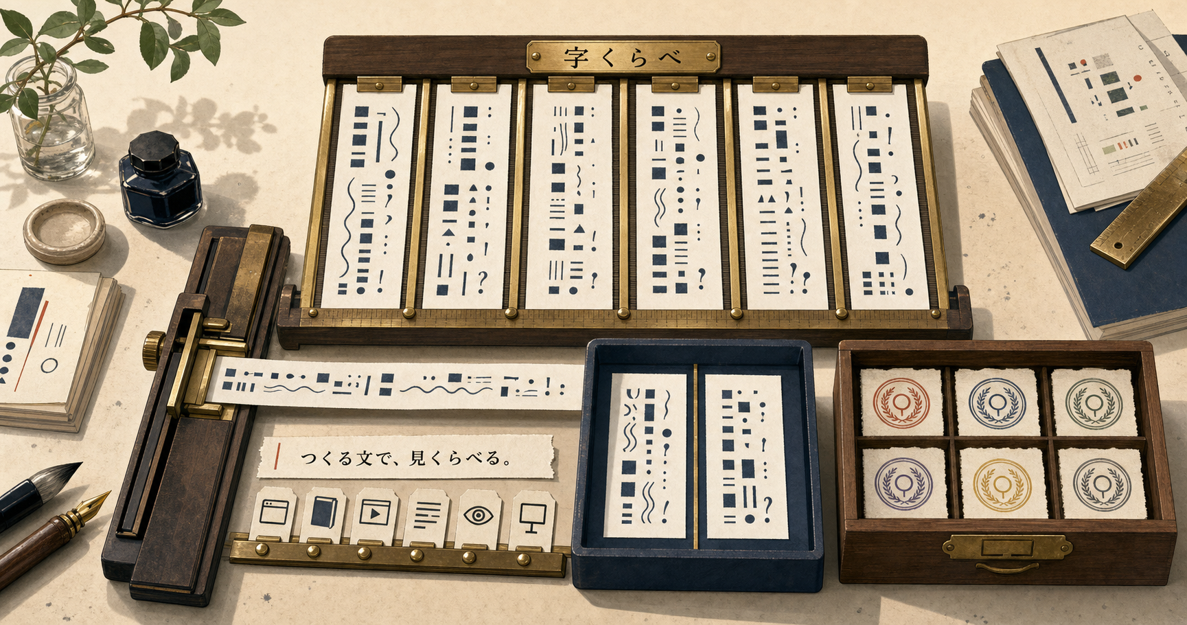 組版机の六つの見本札を入力棒から通し、比較トレーとライセンス引き出しで確かめる字くらべ